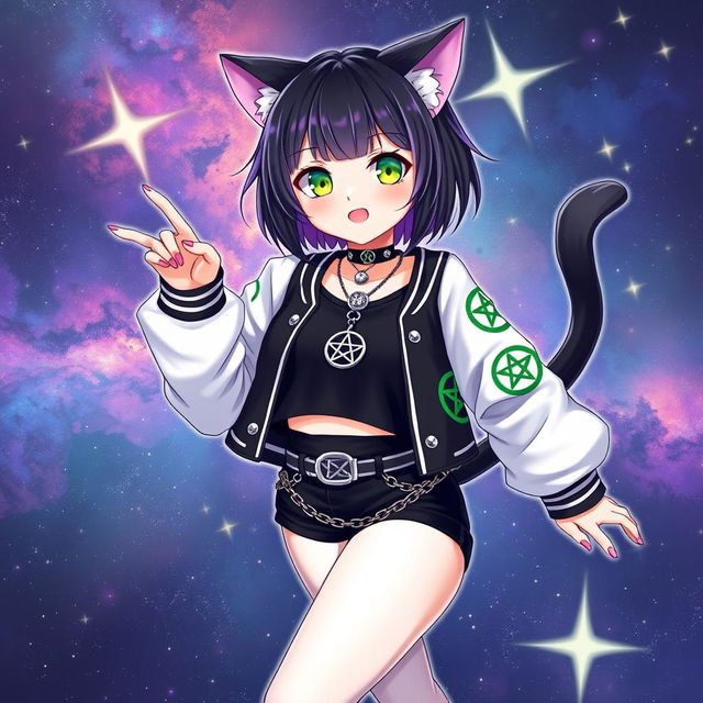 Anime style illustration of a 27-year-old cat girl with two tails