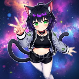 Anime style illustration of a 27-year-old cat girl with two tails