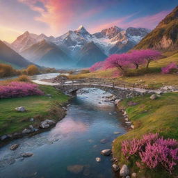 A fantastical landscape at sunrise, with majestic mountains, a sparkling river with a charming little bridge and a sky filled with vibrant colors of dawn