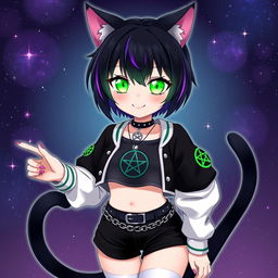 Anime style cat girl with two tails, featuring short black hair highlighted with purple streaks, and glowing bright green cat eyes