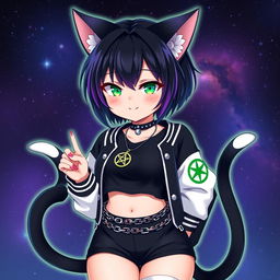 Anime style cat girl with two tails, featuring short black hair highlighted with purple streaks, and glowing bright green cat eyes