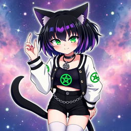 Anime style cat girl with two tails, featuring short black hair highlighted with purple streaks, and glowing bright green cat eyes