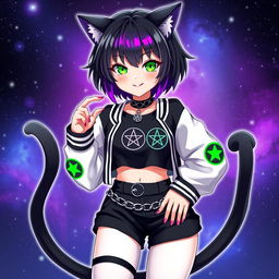 Anime style cat girl with two tails, featuring short black hair highlighted with purple streaks, and glowing bright green cat eyes