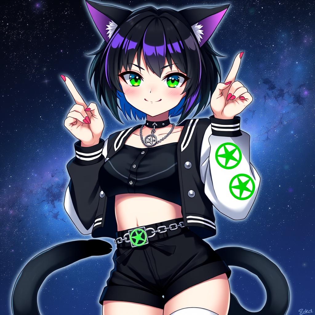 Anime-style adult cat girl with two tails, showcasing short black hair highlighted with purple strands