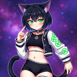 Anime-style adult cat girl with two tails, showcasing short black hair highlighted with purple strands