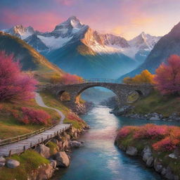 A fantastical landscape at sunrise, with majestic mountains, a sparkling river with a charming little bridge and a sky filled with vibrant colors of dawn