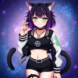 Anime-style adult cat girl with two tails, showcasing short black hair highlighted with purple strands