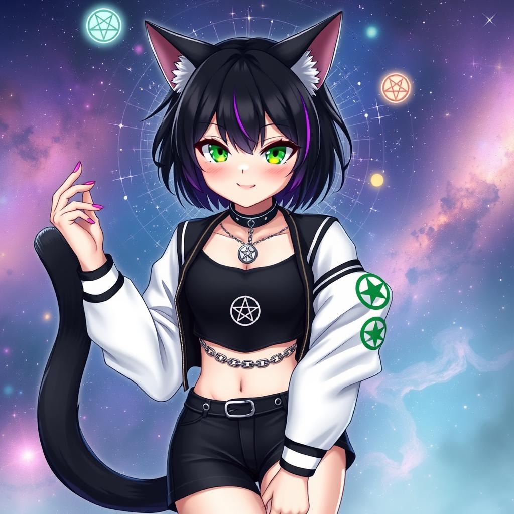 Anime-style adult cat girl with two tails, showcasing short black hair highlighted with purple strands