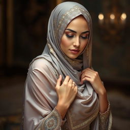 a beautifully sensual scene featuring a woman wearing an exquisitely decorated hijab, gracefully merging modesty with allure