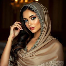 a beautifully sensual scene featuring a woman wearing an exquisitely decorated hijab, gracefully merging modesty with allure