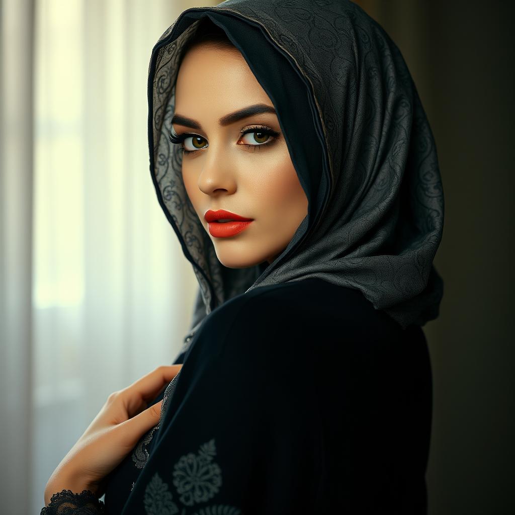 a beautifully sensual scene featuring a woman wearing an exquisitely decorated hijab, gracefully merging modesty with allure