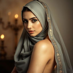 a beautifully sensual scene featuring a woman wearing an exquisitely decorated hijab, gracefully merging modesty with allure