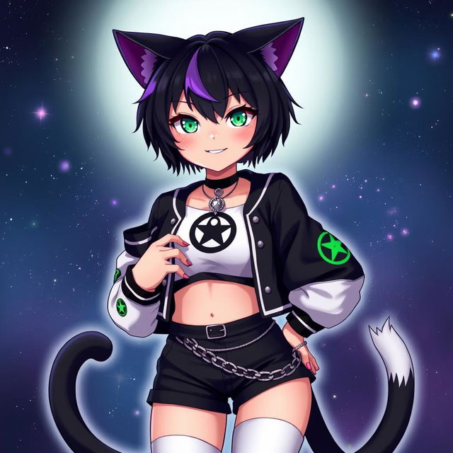 Anime style adult cat girl with two tails, short black hair with purple highlights, glowing bright green cat eyes, and pink nails