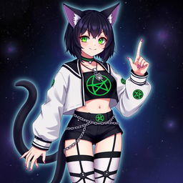 Anime style adult cat girl with two tails, short black hair with purple highlights, glowing bright green cat eyes, and pink nails