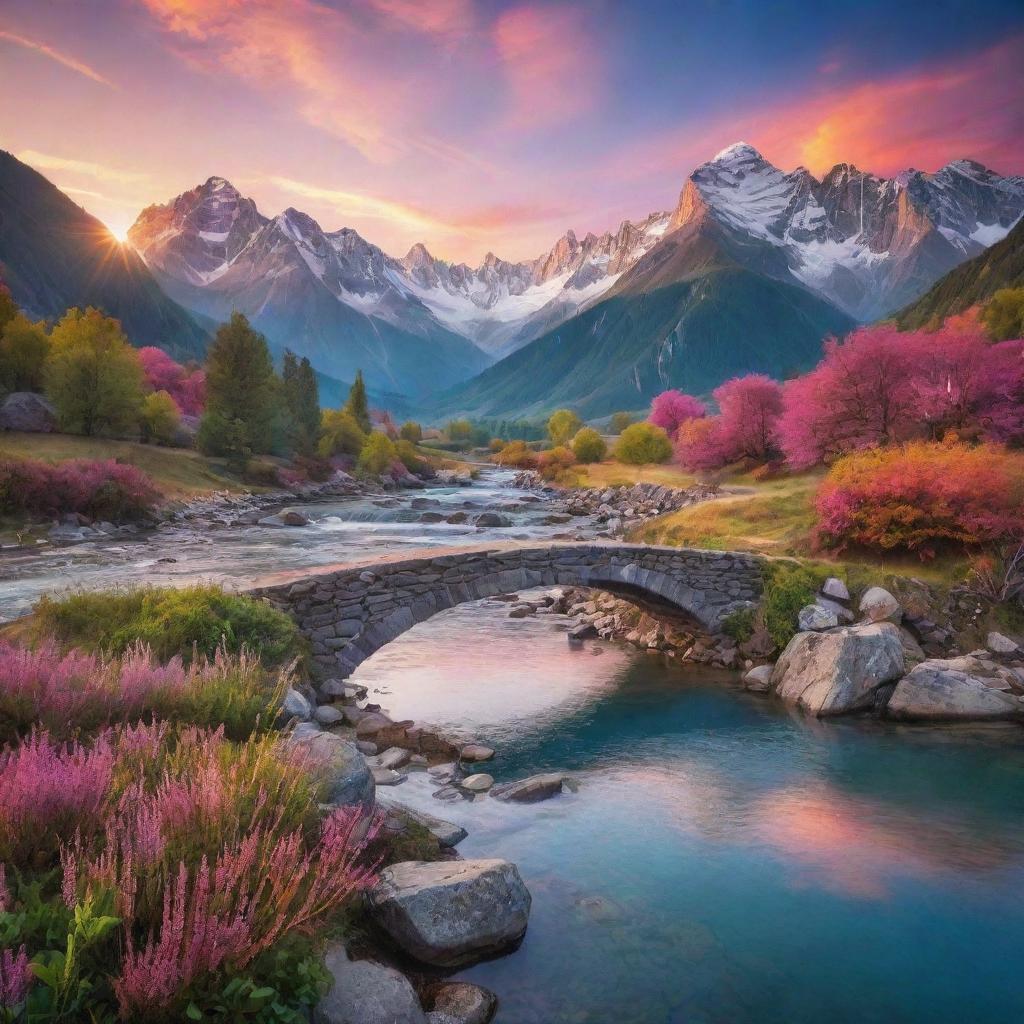 A fantastical landscape at sunrise, with majestic mountains, a sparkling river with a charming little bridge and a sky filled with vibrant colors of dawn