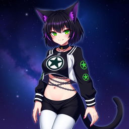 Anime style adult cat girl with two tails, short black hair with purple highlights, glowing bright green cat eyes, and pink nails