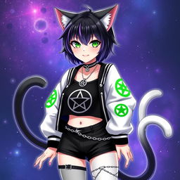 Anime style adult cat girl with two tails, short black hair with purple highlights, glowing bright green cat eyes, and pink nails