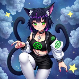 Anime style adult cat girl with two tails, featuring short black hair with purple highlights and glowing bright green cat eyes