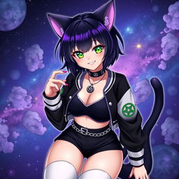 Anime style adult cat girl with two tails, featuring short black hair with purple highlights and glowing bright green cat eyes