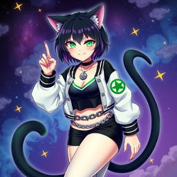 Anime style adult cat girl with two tails, featuring short black hair with purple highlights and glowing bright green cat eyes