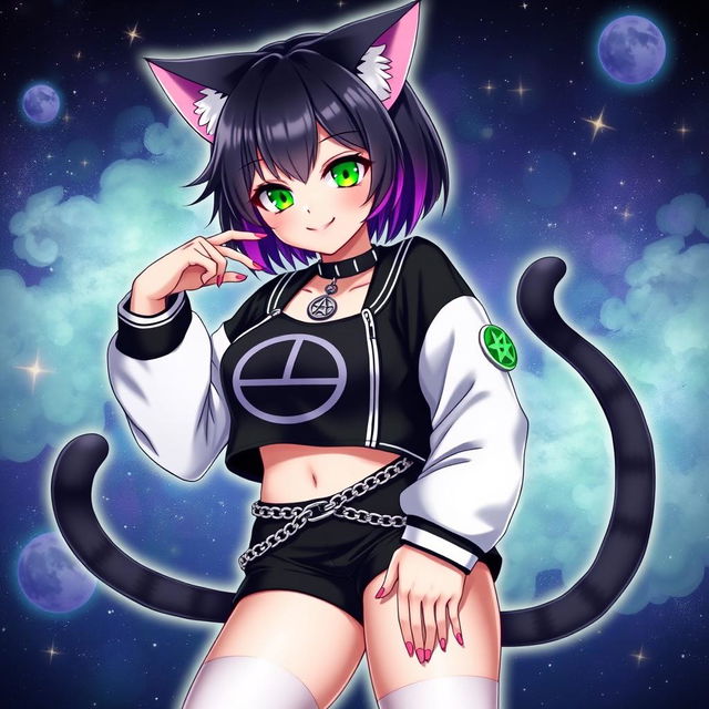 Anime style adult cat girl with two tails, featuring short black hair with purple highlights and glowing bright green cat eyes