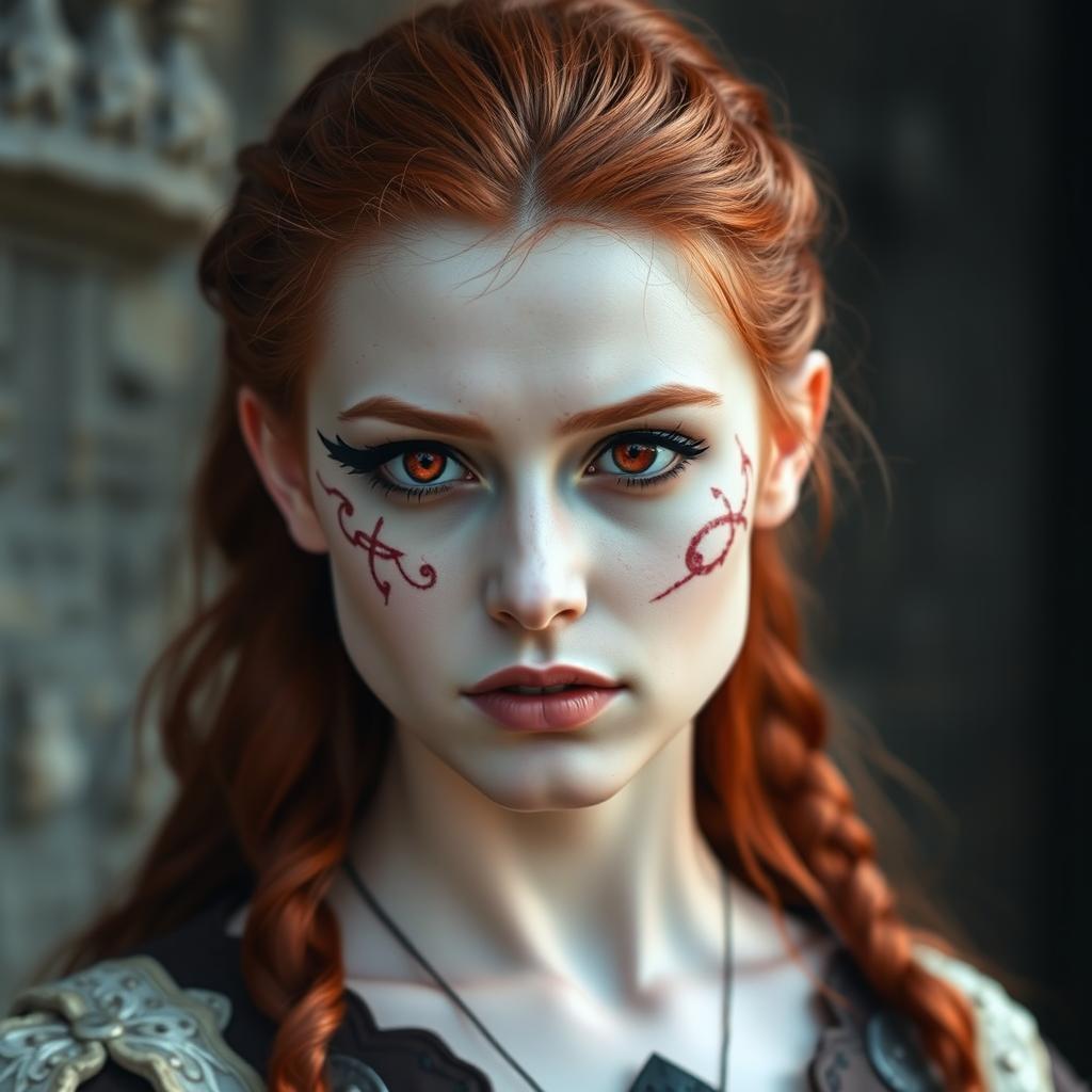 A medieval redhead female dhampir with striking features