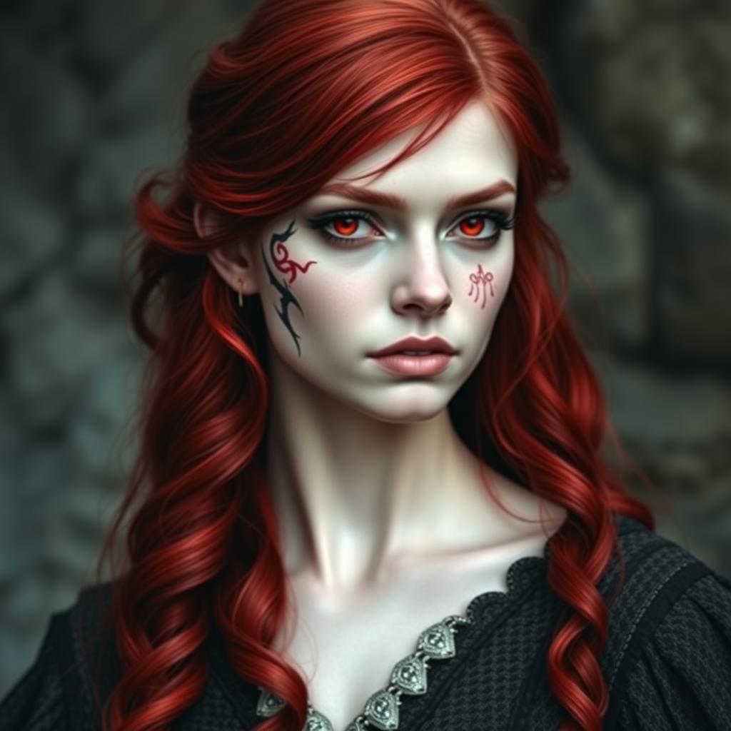 A medieval redhead female dhampir with striking features