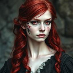 A medieval redhead female dhampir with striking features