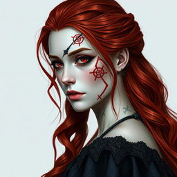 A medieval redhead female dhampir with striking features