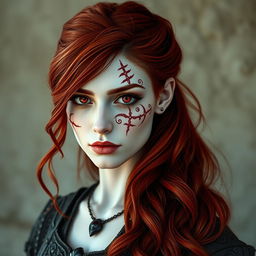 A medieval redhead female dhampir with striking features