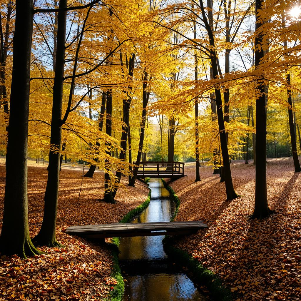 A tranquil scene of a peaceful forest in autumn, with golden leaves gently falling from tall trees