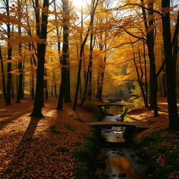 A tranquil scene of a peaceful forest in autumn, with golden leaves gently falling from tall trees