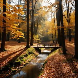 A tranquil scene of a peaceful forest in autumn, with golden leaves gently falling from tall trees