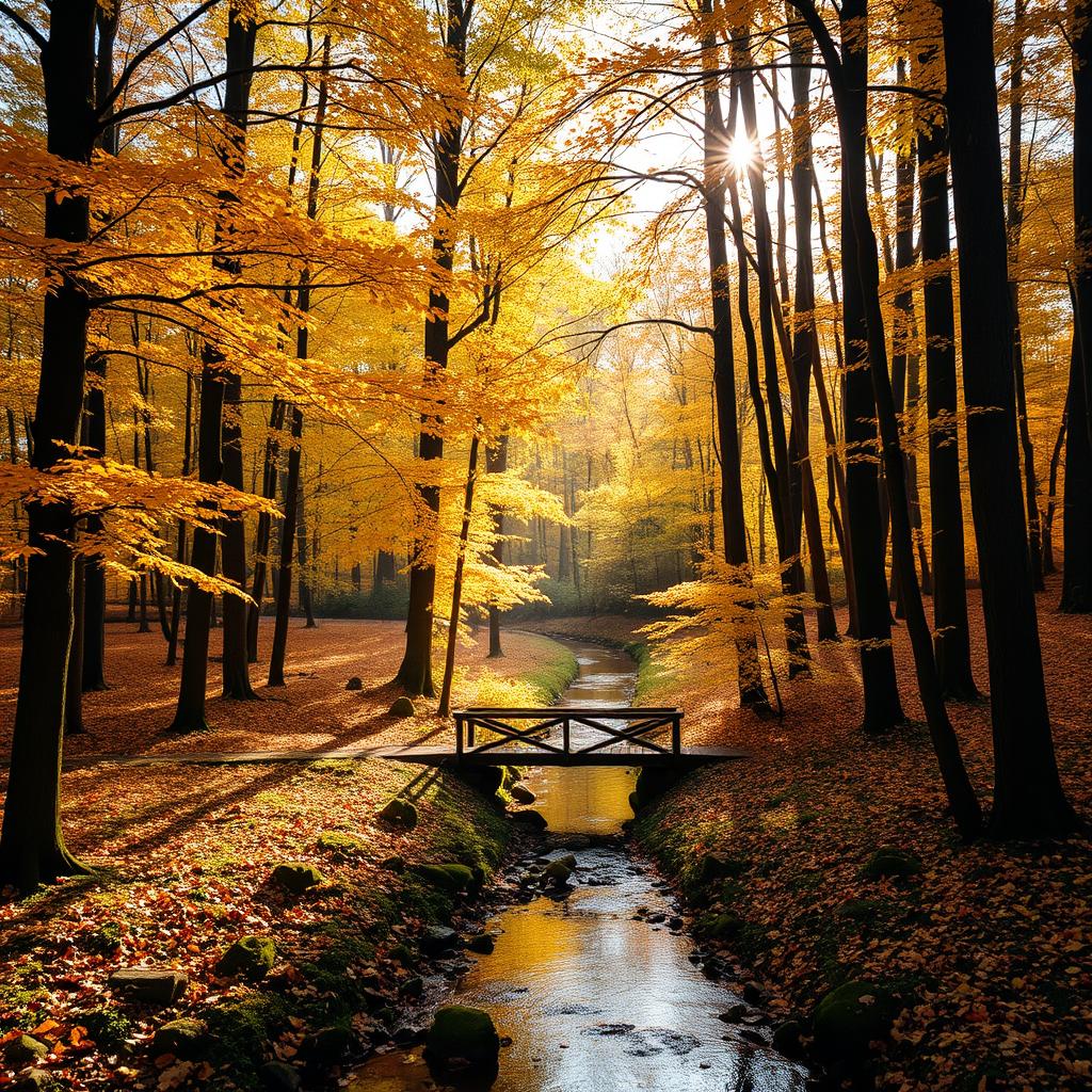 A tranquil scene of a peaceful forest in autumn, with golden leaves gently falling from tall trees