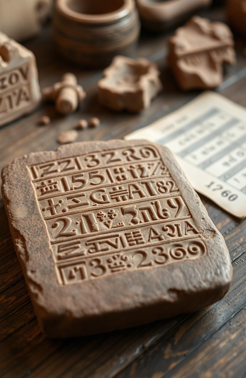 Ancient Babylonian numeral system, featuring intricate cuneiform symbols engraved on a clay tablet