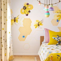 A child's room interior decor themed around pollination, featuring wall murals of colorful flowers, bee patterned bedsheets, butterfly curtains, and lampshades designed like honeycombs.