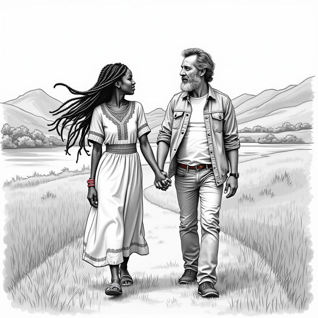 Kenyan woman with intricately braided hair and a 50-year-old Swedish man with dark hair, dressed in jeans, walking hand in hand