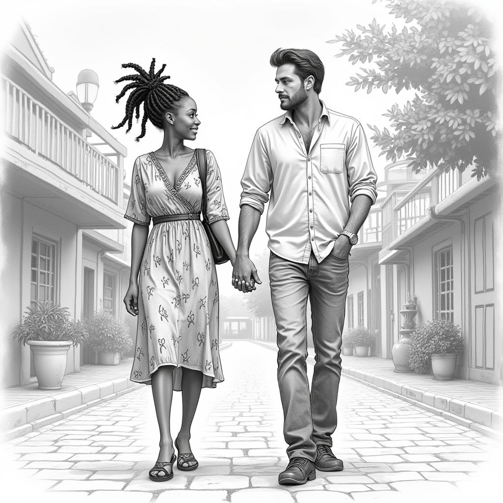 Kenyan woman with elegant braided hair and a tall, 50-year-old Swedish man with dark hair, both walking hand in hand, depicted in a detailed pencil drawing style