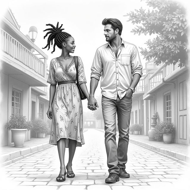 Kenyan woman with elegant braided hair and a tall, 50-year-old Swedish man with dark hair, both walking hand in hand, depicted in a detailed pencil drawing style