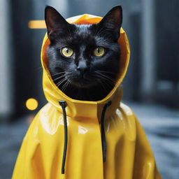 A stark black cat clad in a vibrant yellow raincoat, digitally enhanced and captured in an immersive, futuristic dreamworld. Extreme close-up shot with high digital photography quality.