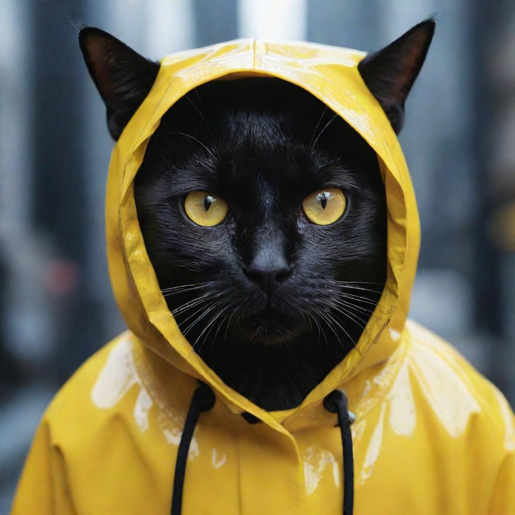 A stark black cat clad in a vibrant yellow raincoat, digitally enhanced and captured in an immersive, futuristic dreamworld. Extreme close-up shot with high digital photography quality.