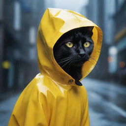 A stark black cat clad in a vibrant yellow raincoat, digitally enhanced and captured in an immersive, futuristic dreamworld. Extreme close-up shot with high digital photography quality.