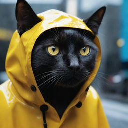 A stark black cat clad in a vibrant yellow raincoat, digitally enhanced and captured in an immersive, futuristic dreamworld. Extreme close-up shot with high digital photography quality.