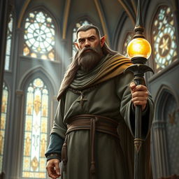 A male cleric with a unique lineage featuring 1/4 dwarf, 1/4 elf, and 1/2 human