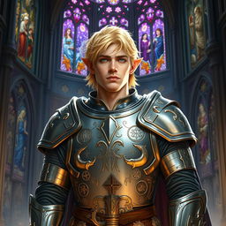 A male cleric of mixed heritage, 1/4 dwarf, 1/4 elf, and 1/2 human, with striking blond hair