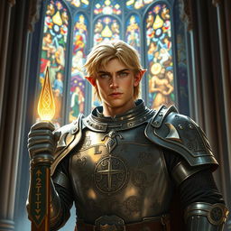 A male cleric of mixed heritage, 1/4 dwarf, 1/4 elf, and 1/2 human, with striking blond hair