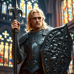 A male cleric of mixed heritage, 1/4 dwarf, 1/4 elf, and 1/2 human, featuring distinctive blond hair