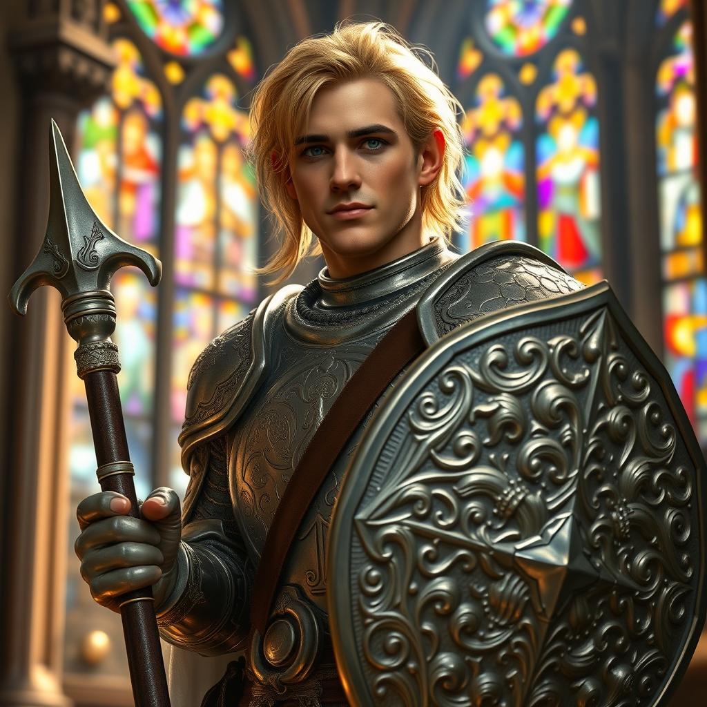 A male cleric of mixed heritage, 1/4 dwarf, 1/4 elf, and 1/2 human, featuring distinctive blond hair