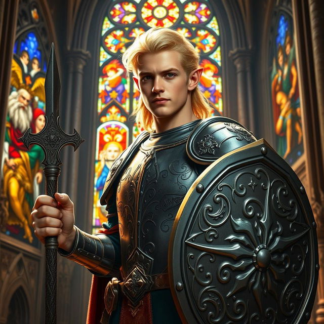 A male cleric of mixed heritage, 1/4 dwarf, 1/4 elf, and 1/2 human, with striking blond hair