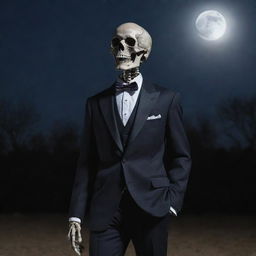 A well-defined skeleton gleaming in the moonlight, dressed in a dapper, tailored suit, exhibiting an air of class and mystery.